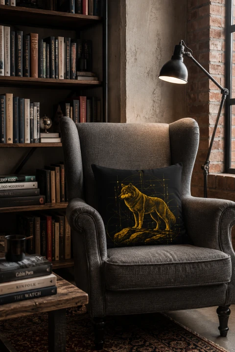 Bieszczady wilk poduszka loft w domowej bibliotece.png