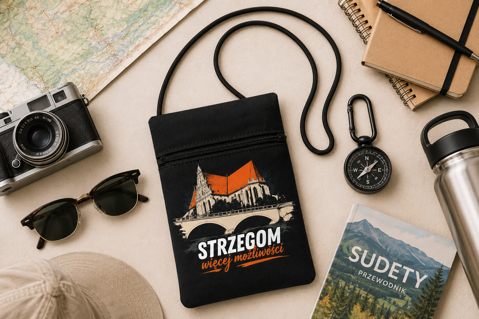 Saszetka na szyje z logo Strzegomia ułozona pośród gadżetów turystycznych