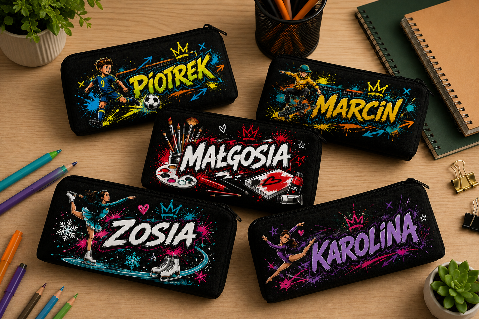 Piórniki personalizowane z imieniam upominek na pasownie na ucznia
