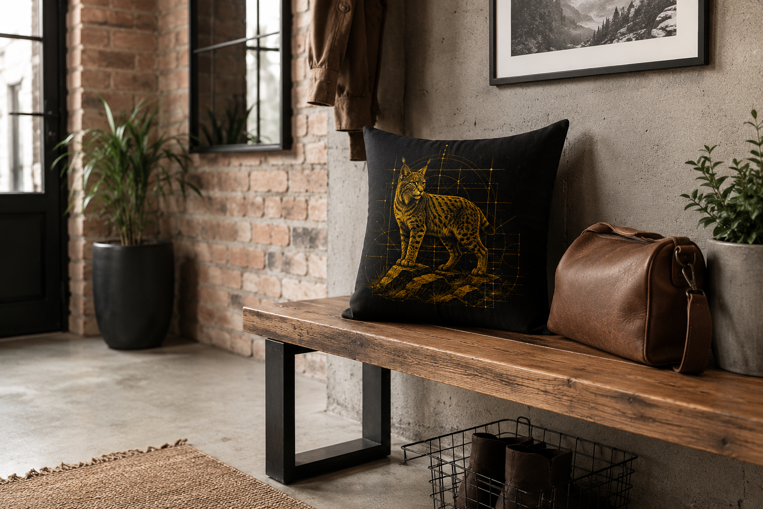 Poszewka loft z rysiem w przedpokoju