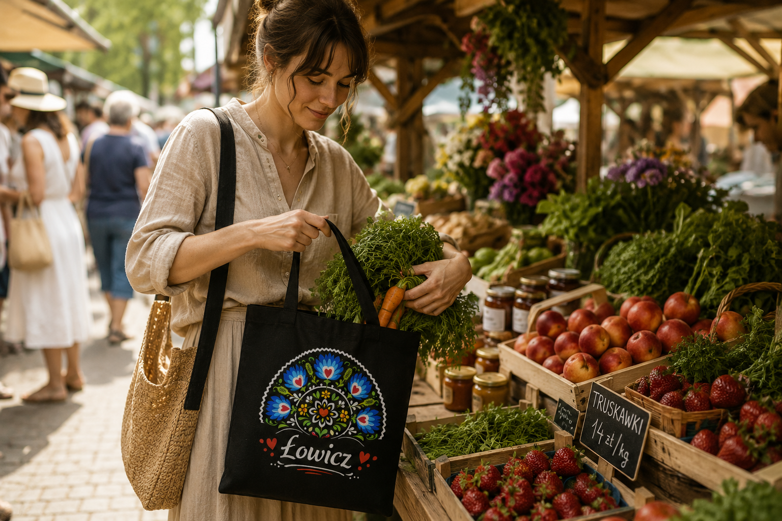Torba shopper z łowickim wzorem na zakupach na zieleniaku